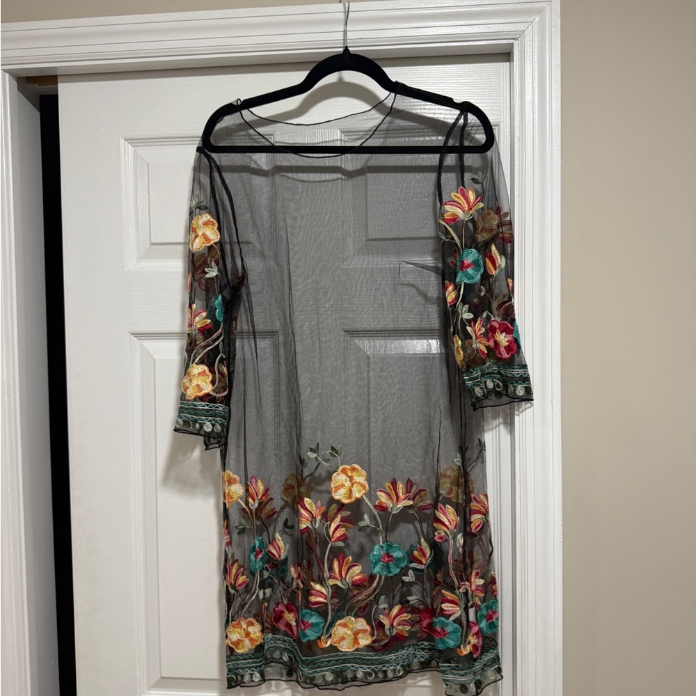 SHEIN Black Sheer Dress with Floral Embroidery